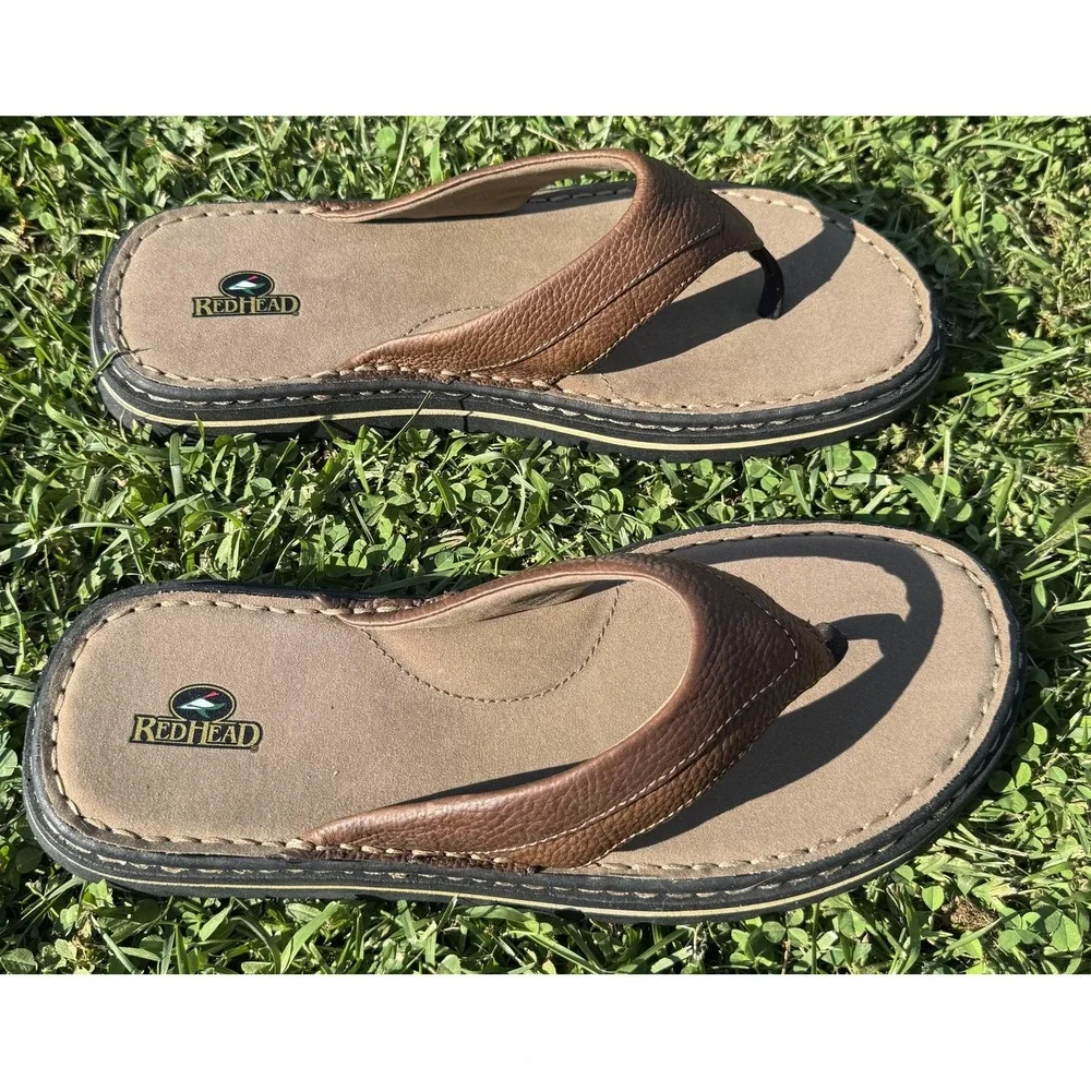 RedHead Sandals Mens Size 13 Brown Leather Thong Flip Flop Cushioned Casual